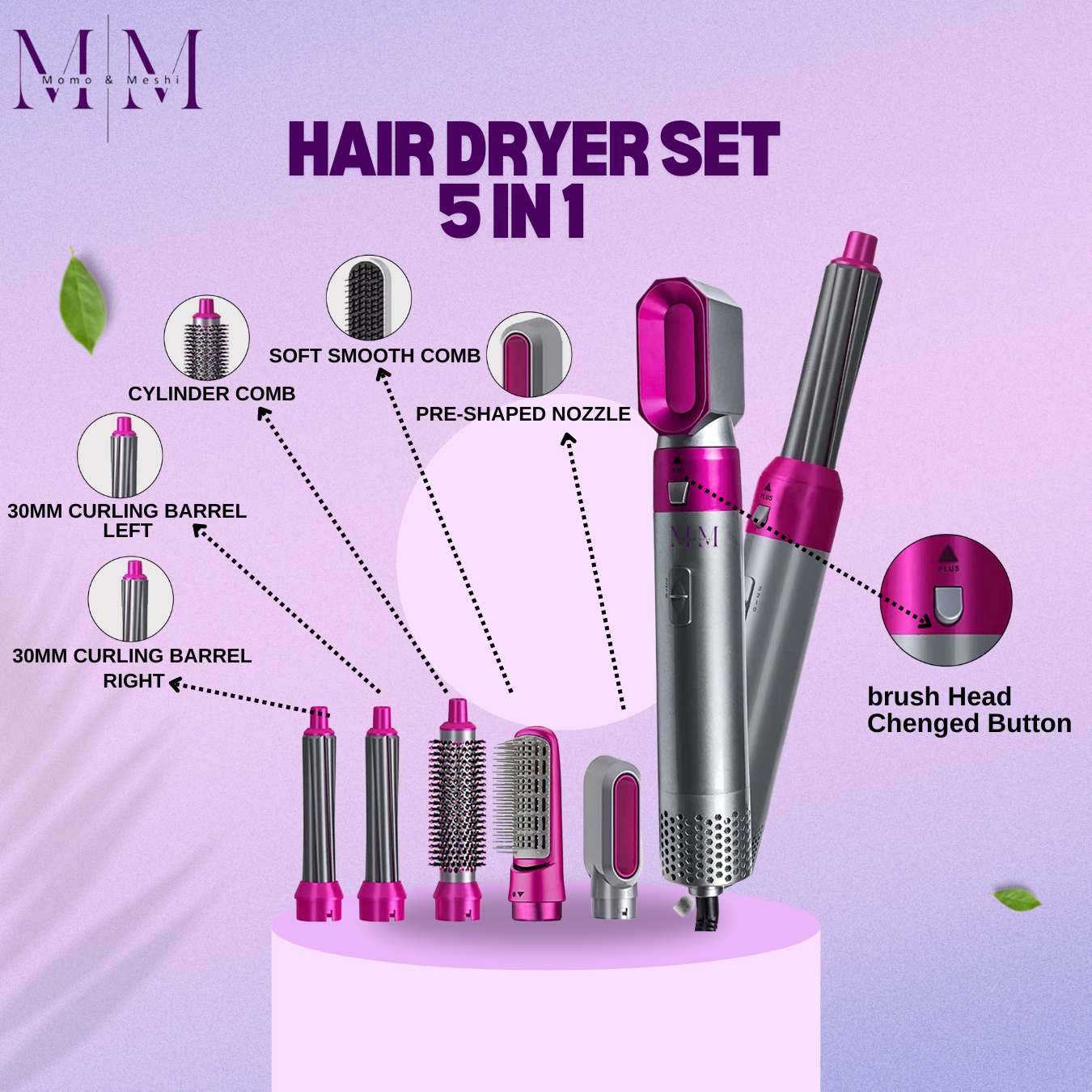 Professional 5 in 1 Hair Dryer & Hot Air Brush Styler, High-Speed Detachable Hot Air Brush for Volumizing, Curling, and Straightening with Anti-Frizz Negative Ion Technology